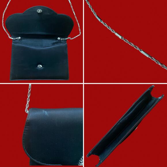 Vintage Black Satin Evening Bag with Silver Fan Decal and Chain Shoulder Strap - Picture 12 of 12
